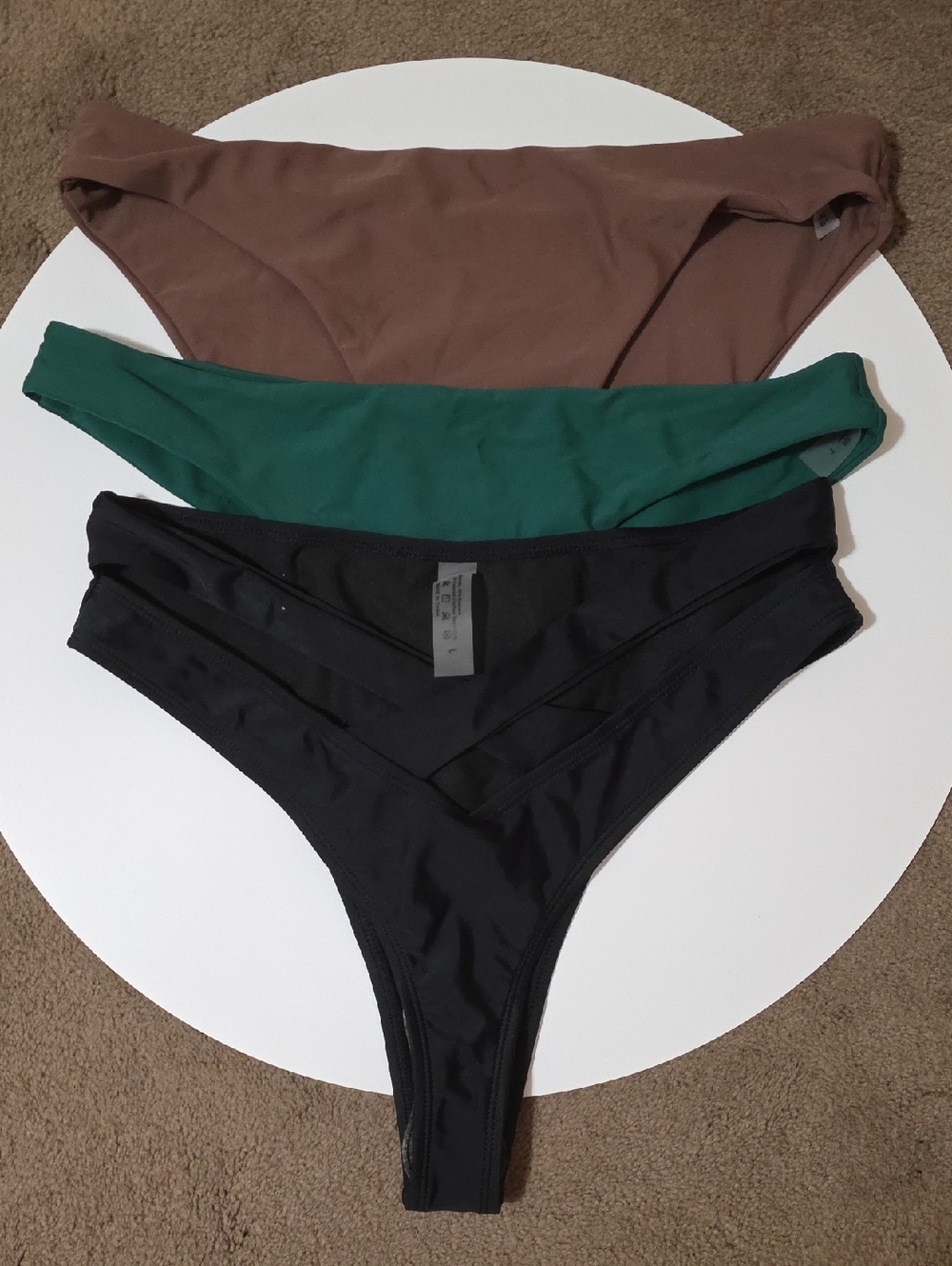 3-Pack Bikini Thongs Swim Bottoms in Brown, Teal, and Black